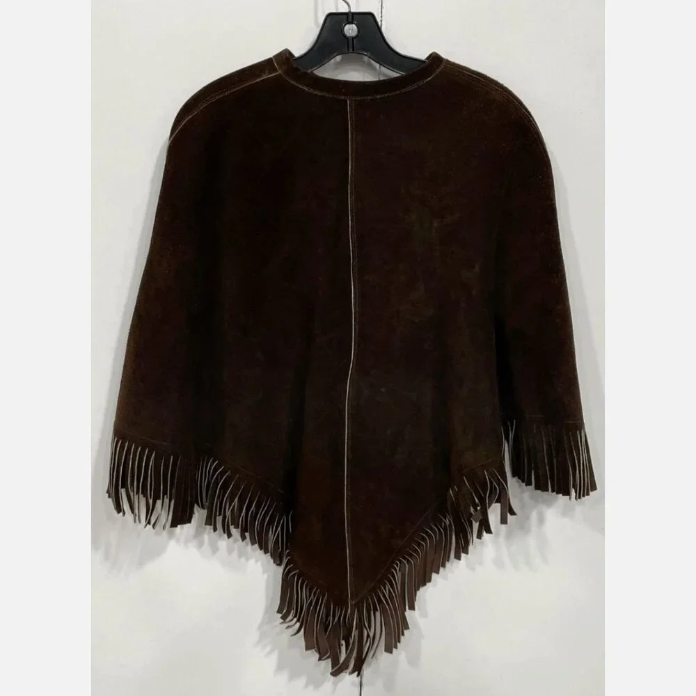Vintage 70s Brown Suede Leather Fringe Poncho Cape Western Boho Hippie Beaded - Picture 5 of 7